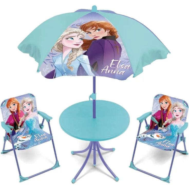 Arditex Kindertisch Kinder-Tischset mit 2 Stühlen & Sonnenschirm in verschiedenen Motiven, Robust, 2 Stühle, Sonnenschirm, Frozen-Motiv, abnehmbar