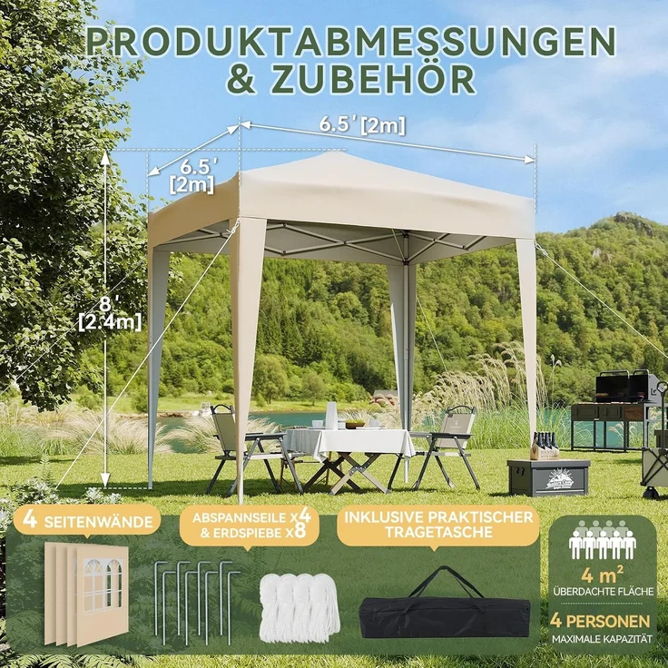 Aoxun Pop Up Pavillon 2x2m Wasserdicht mit 4 Seitenwänden, Metallrahmen-Schutzzelt, Höhe Verstellbar, Faltpavillon 2x2 mit Tragetasche für Camping Party, Beige – Bild 2