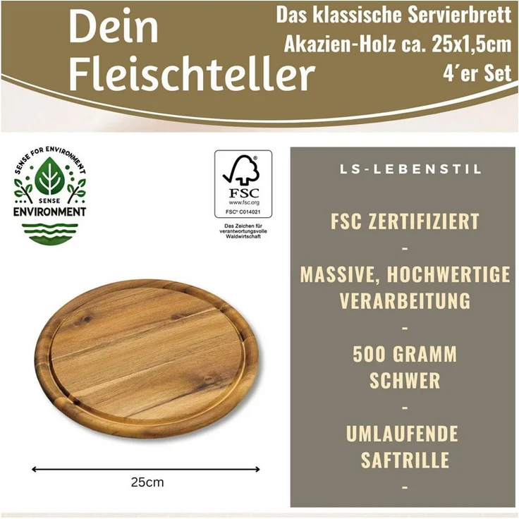LS-LebenStil Servierbrett 4x Holz Fleischteller Servierteller 25cm Akazie Rund Schneidebrett, Holz, (Set - 4 Stück - Schneidebrett mit Saftrille Vesperbrett Brotzeitbrett, 4-St, Vesperbrett Servierteller Pizzateller Käsebrett Holzbrett) – Bild 2