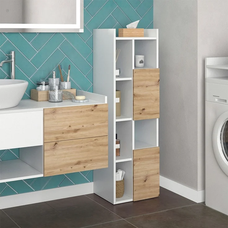Badschrank Alf Weiß 36 x 117 cm mit 2 Schubladen Vicco – Bild 4
