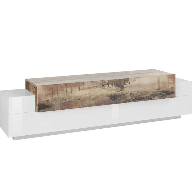 Dmora - TV-Schrank Teo, niedriges Wohnzimmer-Sideboard, Fernsehständer-Basis, 100 % Made in Italy, 200 x 45 x 52 cm, glänzendes Weiß und Ahorn,