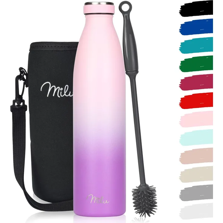 Milu Edelstahl Trinkflasche 350ml, 500ml, 750ml, 1L, 1,5L – Thermosflasche für Kinder Erwachsene auslaufsicher Isolierflasche Kohlensäure geeignet– inkl. Reinigungsbürste (Pink Violett, 1000ml)