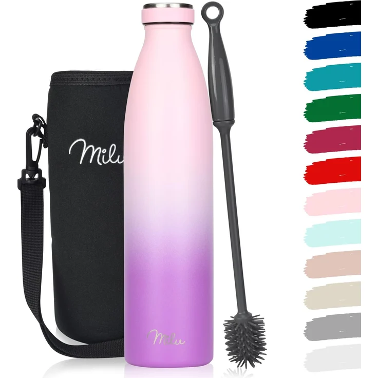 Milu Edelstahl Trinkflasche 350ml, 500ml, 750ml, 1L, 1,5L – Thermosflasche für Kinder Erwachsene auslaufsicher Isolierflasche Kohlensäure geeignet– inkl. Reinigungsbürste (Pink Violett, 1000ml)