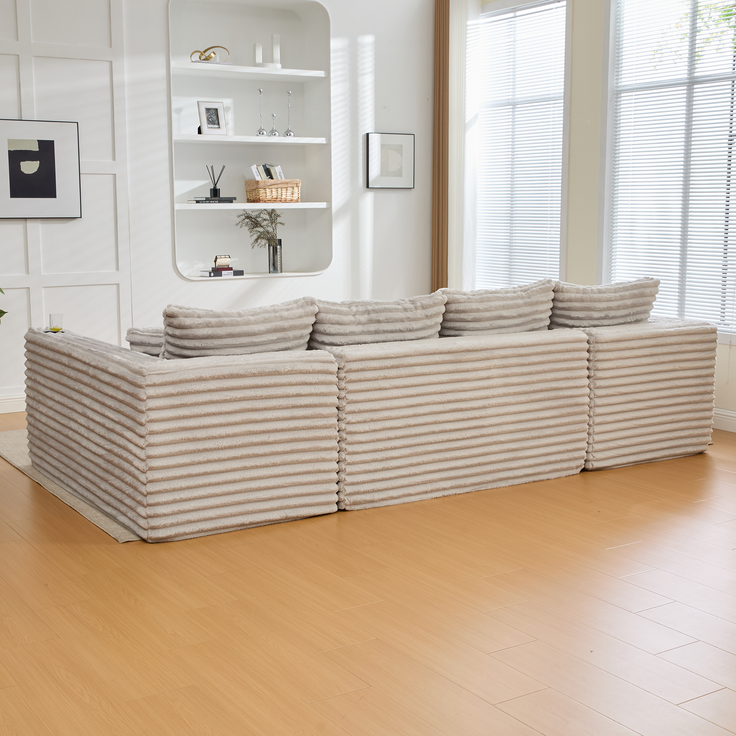 U-förmige Cord-Wohnlandschaft 320 cm mit Getränkehaltern, Seitentaschen und 6 Kissen, modulares Sofa mit Schaumstoff-Feder-Polsterung, Hellgrau – Bild 12
