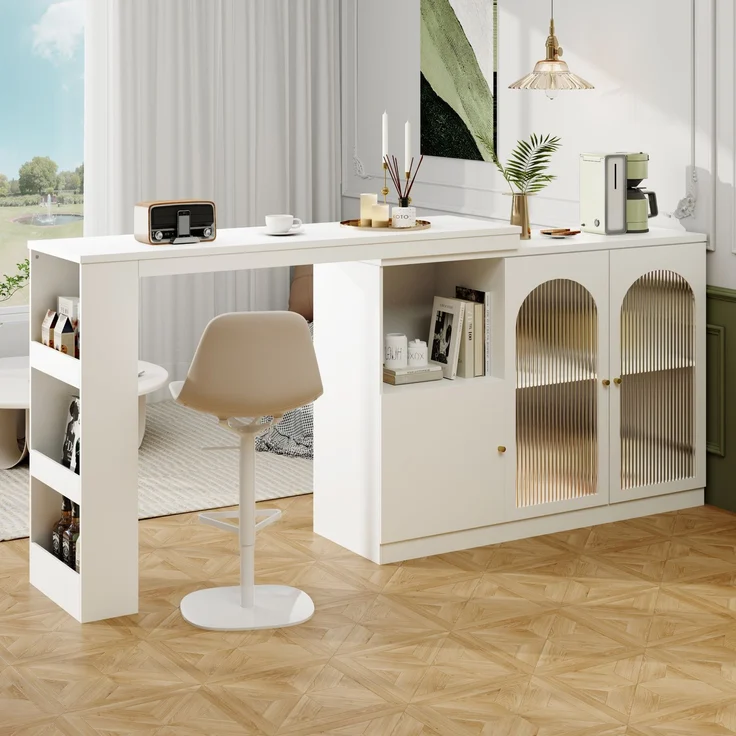 Esszimmerschrank Sideboard Weiß mit 360° Drehfunktion, Changhong-Glas Türen,Aufbewahrungsschrank mit Regalen und Schubladen – Bild 4