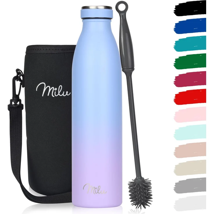 Milu Edelstahl Trinkflasche 350ml, 500ml, 750ml, 1L, 1,5L – Thermosflasche für Kinder Erwachsene auslaufsicher Isolierflasche Kohlensäure geeignet– inkl. Reinigungsbürste (Blau Violett, 750ml)