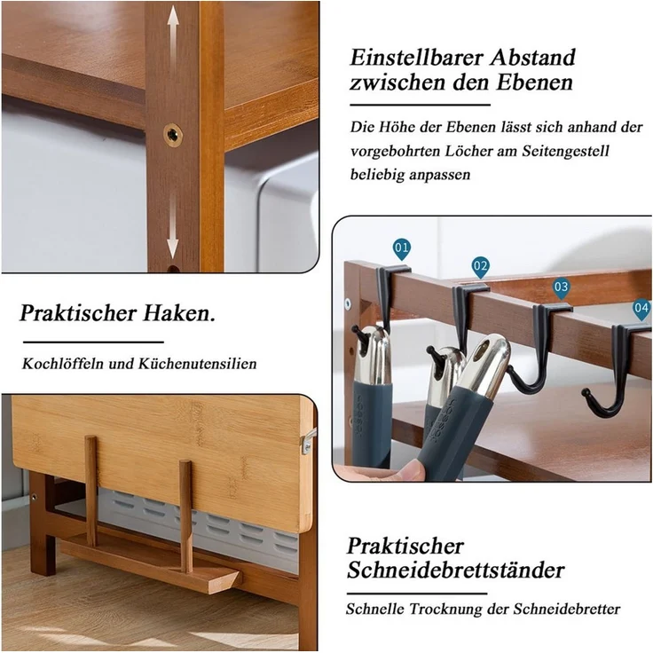 TUWENA Regalelement Bamboo Mikrowellen Regal mit Schneidebrettständer und 4 Hacken, Höhenverstellbar Mikrowellenständer für Arbeitsplatte – Bild 3