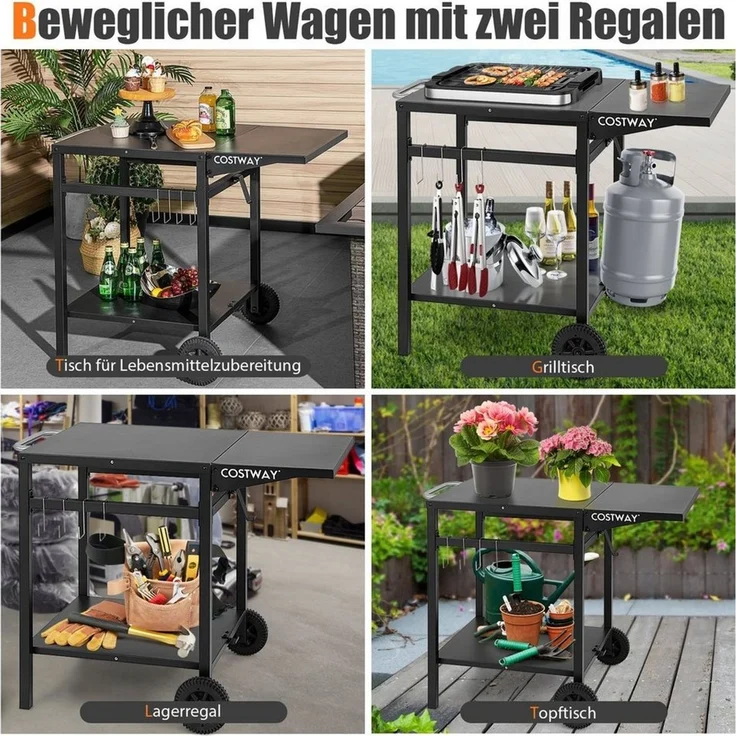 COSTWAY Grillablagetisch, mit 2 Ablagen, 4 Haken & klappbarer Tischplatte – Bild 2