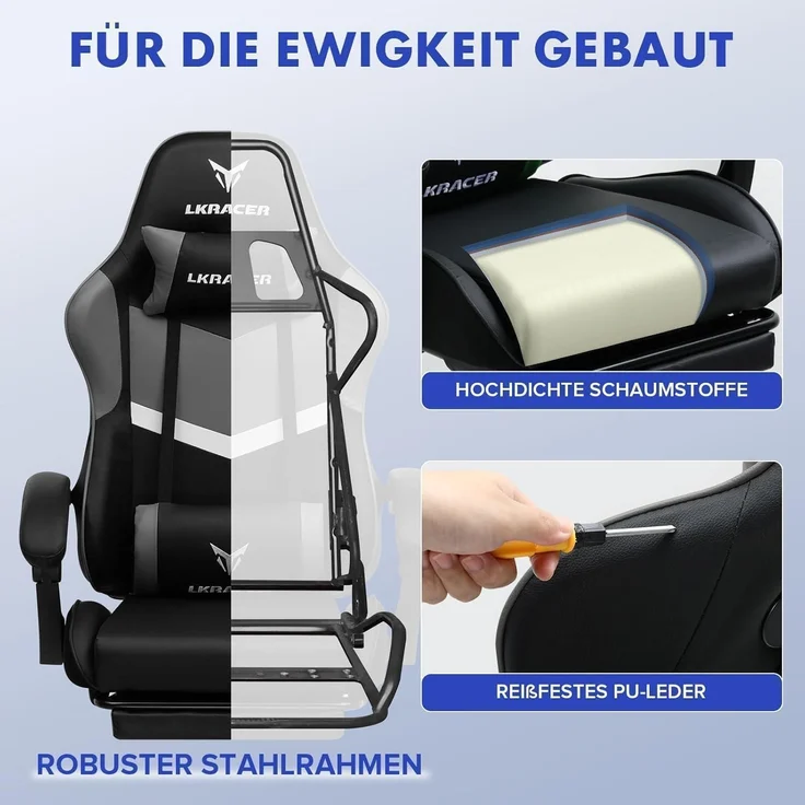 Gaming Stuhl Fußstütze Lendenkissen 150kg Grau – Bild 2