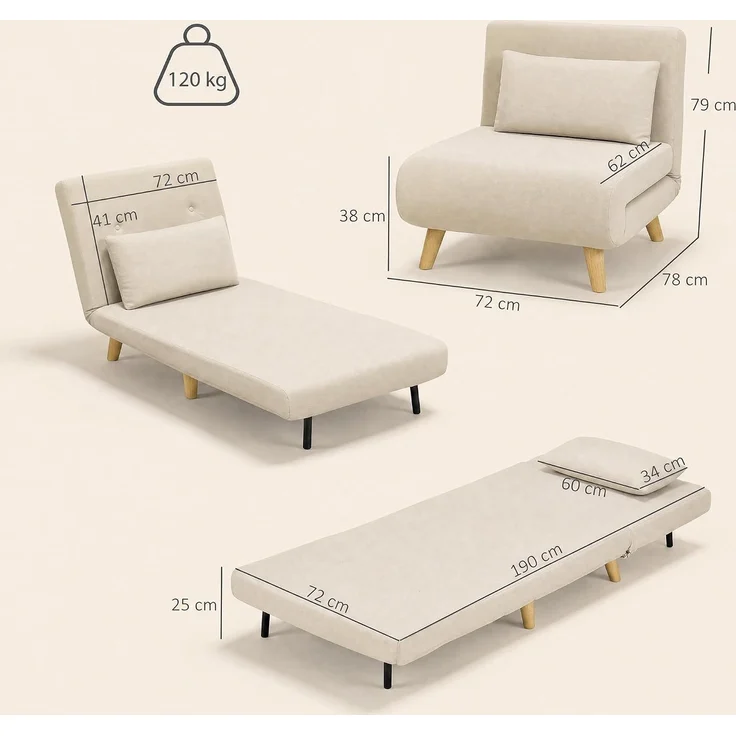 HOMCOM Schlafsessel, Polyester, Beige, 72 x 78 x 79 cm – Bild 3