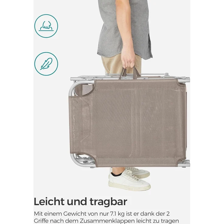 Songmics Sonnenliege, Klappliege, 193 x 53 x 29 cm, Tragkraft 150 kg, mit Sonnenblende und neigbarer Rückenlehne, für Garten, Pool, Terrasse, Taupe GCB192K01 – Bild 9