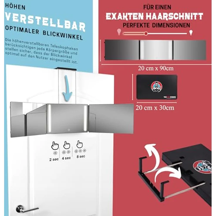 LIPFISBARBERSHOP.COM 360 Grad-LED-Spiegel mit Teleskophaken, Selbsthaarschnitt-Spiegel für Männer, 3-fach verstellbar, wiederaufladbare Lithium-Batterie, 100% Spiegelgläser – Bild 4