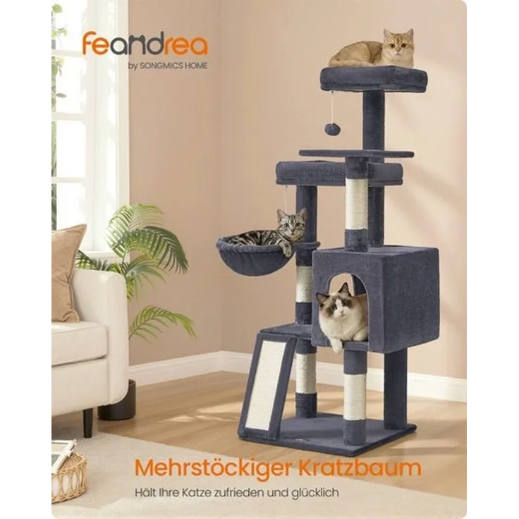 FEANDREA Kletterbaum mehrstufig, mit Rampe, Kratzsäulen, 3 Plattformen, Höhle, Korb, 2 Bällen, 136 cm hoch, dunkelgrau