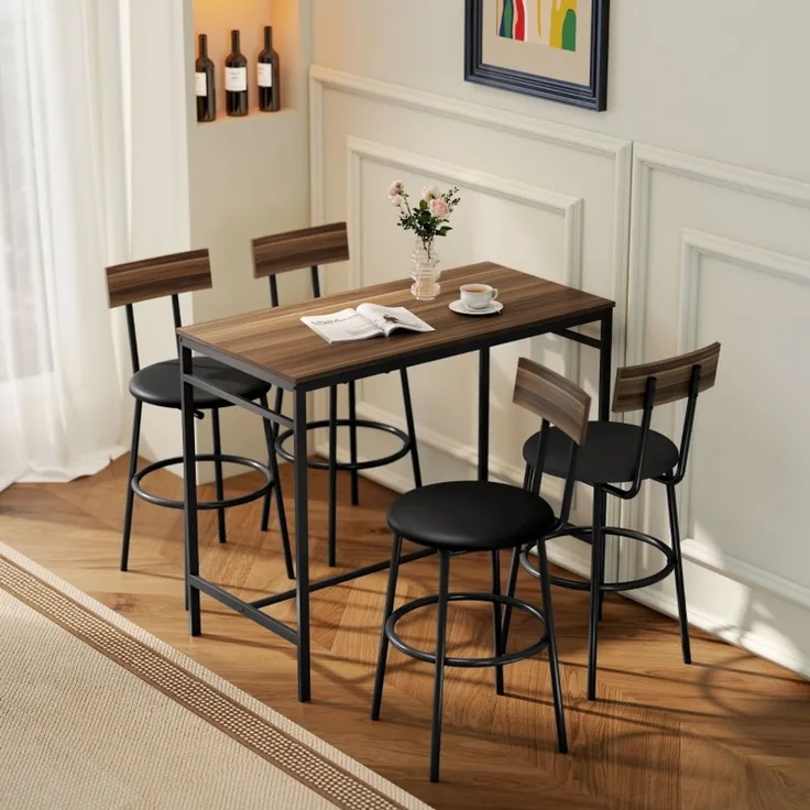 Bartisch-Set 110x55x90 cm in Braun mit 4 gepolsterten Kunstleder-Barhockern