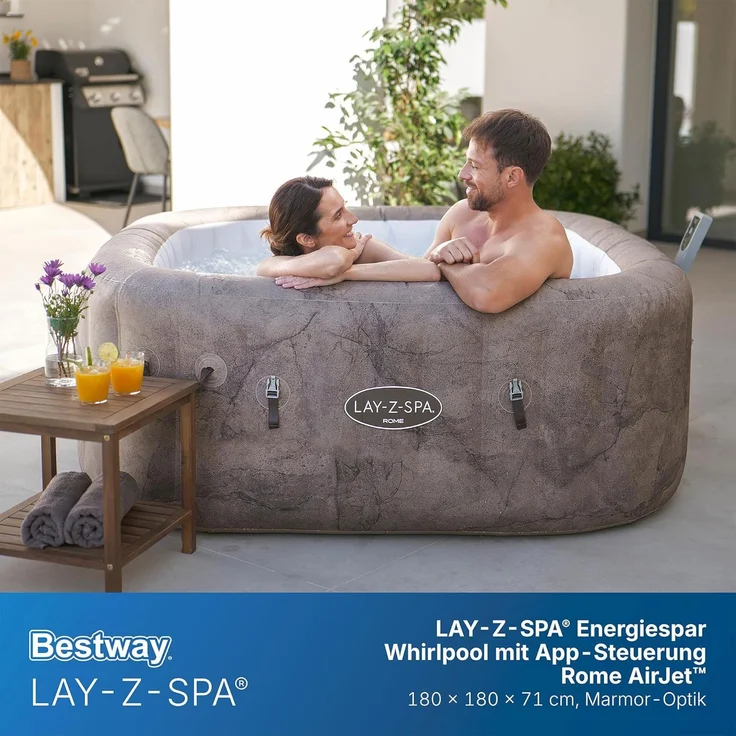 Bestway 6001K LAY-Z-SPA Whirlpool Rome Energiespar AirJet mit App-Steuerung, für 6 Personen, 180 x 180 x 71 cm, Marmor-Optik (Braun) – Bild 4