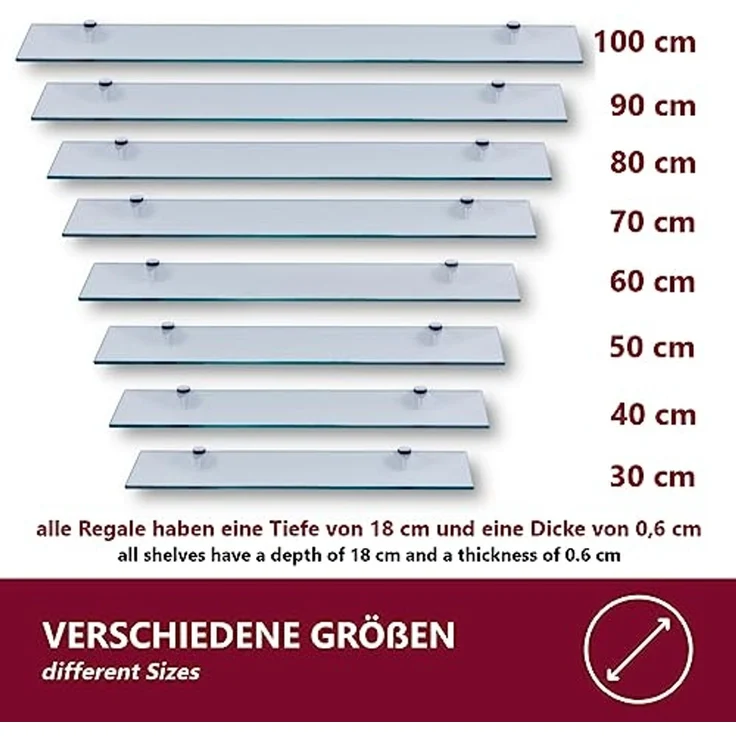 HOOZ Wandregal aus Sicherheitsglas mit Halterung - Klarglas - 80 x 18 x 0,6 cm, 1-tlg, mit geschliffenen Kanten – Bild 2