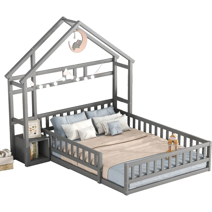 Kinderhausbett, Flachbett aus Kiefernholz mit Geländer, inklusive Nachttisch, stabiles Massivholzbett für Kinder,Grau – Bild 5