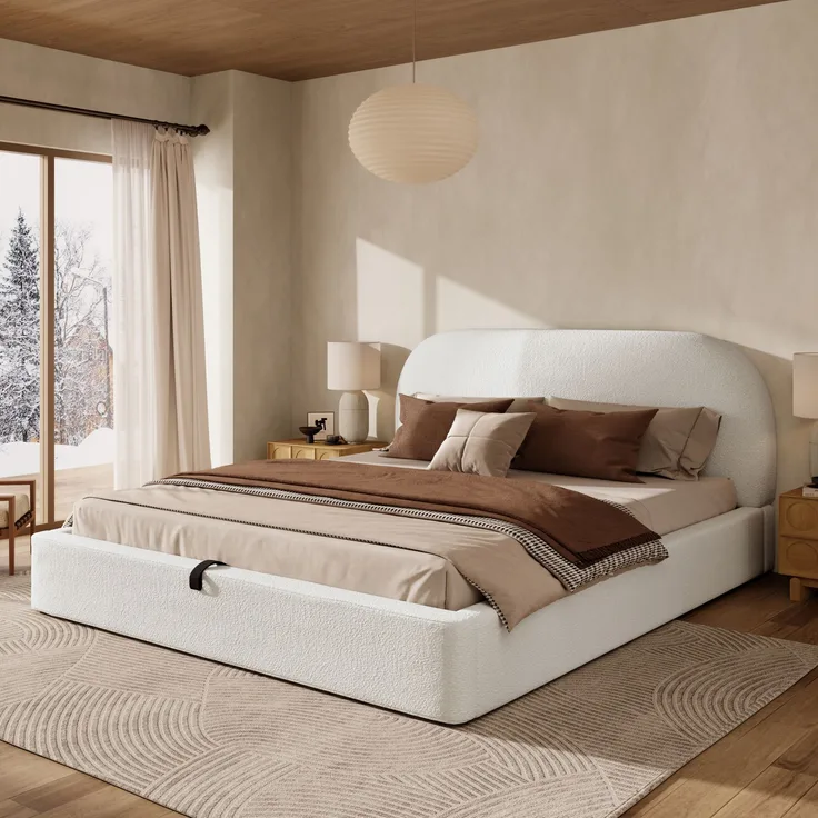 Polsterbett,Doppelbett,160 x 200cm, hydraulisches Funktionsbett,Bett mit Lattenrost, Kopfteil und großem Stauraum, gepolstertes Kopfteil, Beige Bouclé