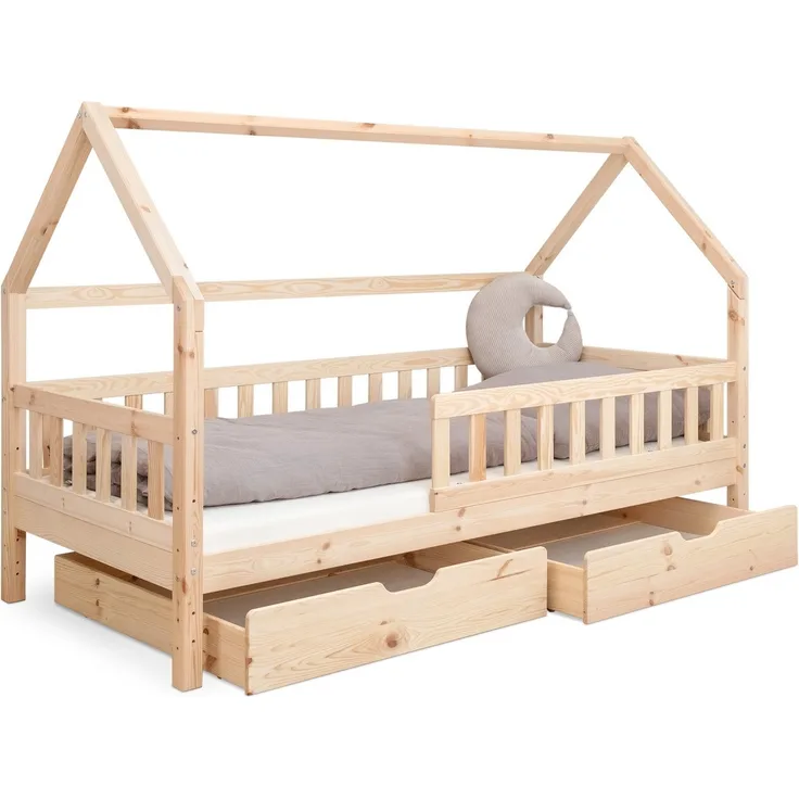 Ehrenkind Hausbett aus nachhaltigem Kiefernholz (mit abnehmbarem Rausfallschutz aus nachhaltigem Holz, Erhältlich in Natur und Weiß Kinderbett 80x160/90x200 cm), höhenverstellbar, nachhaltiges Kiefernholz, hergestellt in Europa