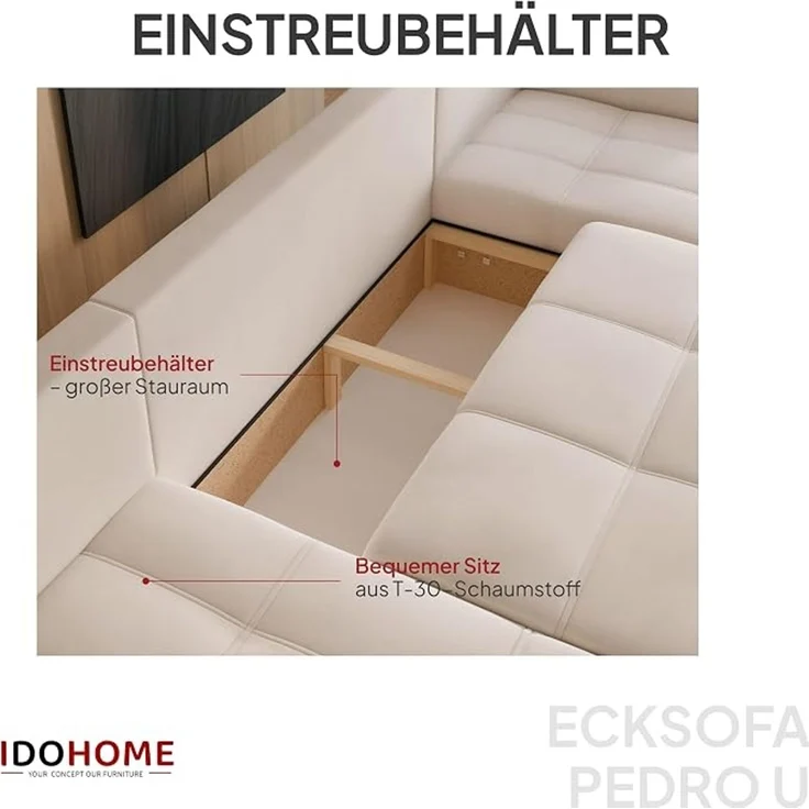 Beige-farbenes U-förmiges Ecksofa mit Schlaffunktion und Stauraum – Bild 4