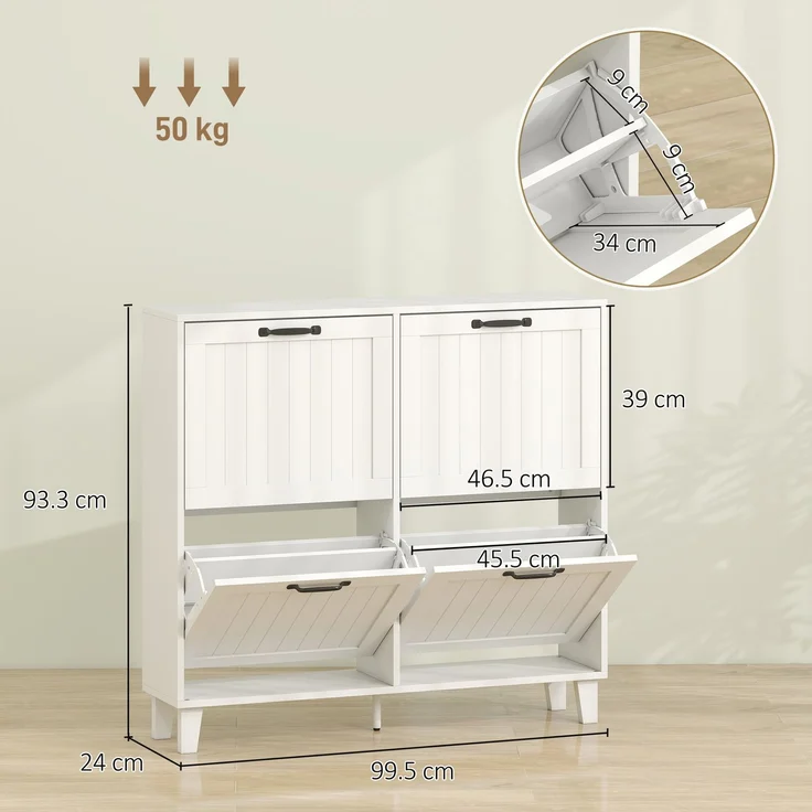 Schuhschrank, 4 Klappschubladen, platzsparend mit verstellbaren Einlegeböden, Weiß – Bild 5