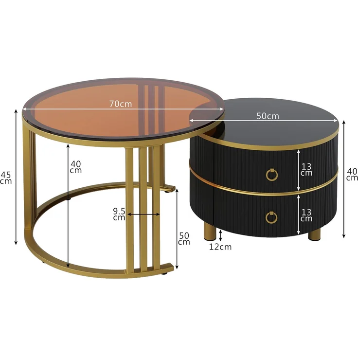 Couchtisch 2-teilig Set mit brauner Glasplatte Hochglanz, Schubladen, Gold Metallbeine,Gold und Schwarz – Bild 5