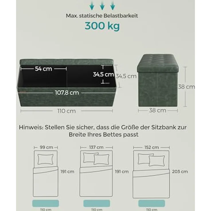 Songmics Sitzhocker Sitztruhe, Sitzbank, Waldgrün, 110L cm – Bild 4