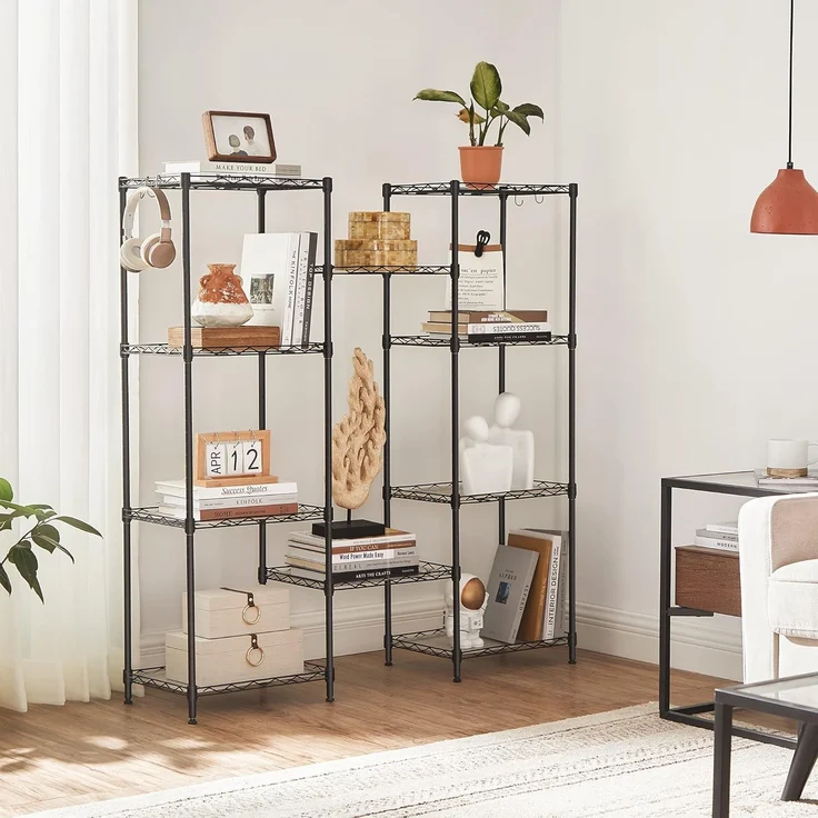 Songmics Küchenregal mit 5 Ebenen, Metallregal, Standregal, höhenverstellbare Gitterablage, mit PP-Kunststoffplatten, 8 S-Haken, für Küche, Wohnzimmer, bis zu 100 kg belastbar, schwarz LGR115B01 – Bild 4