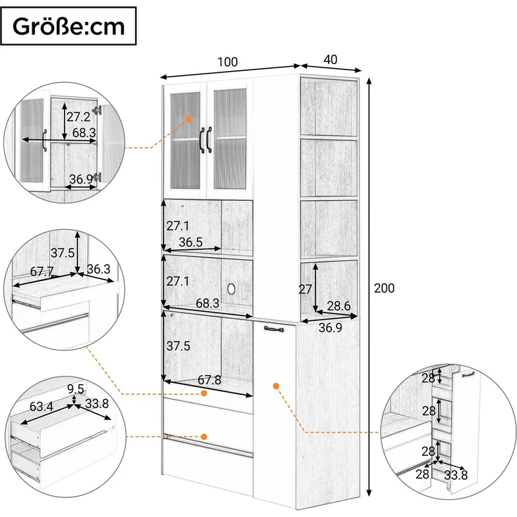 Merax Highboard mit verstellbaren Regalböden und Schubladen, Buffetschrank mit ausziehbaren Regalböden und Riffelglas(Weiß+Nussbaum) – Bild 4