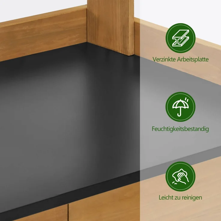 M MCombo Pflanztisch mit Schublade, Ablage, Verzinkter Arbeitsplatte & Schrank, Gärtnertisch Wetterfest mit 3 Haken, Blumentisch Massivholz für Garten, Balkon & Terrasse, 47 x 111 x 127 cm, 2049 (Natur) – Bild 6
