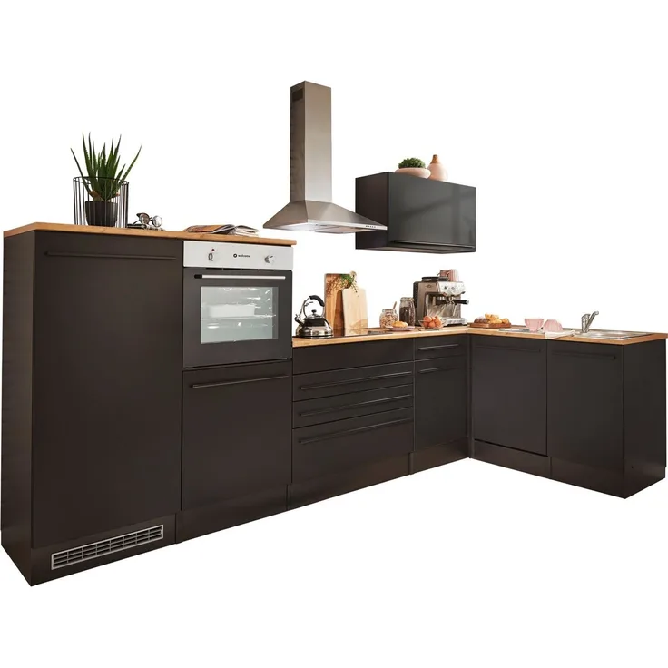 BEGA BBK Küche L-Küchenzeile ohne Elektrogeräte in Schwarz - 320x200x60 cm (B/H/T)