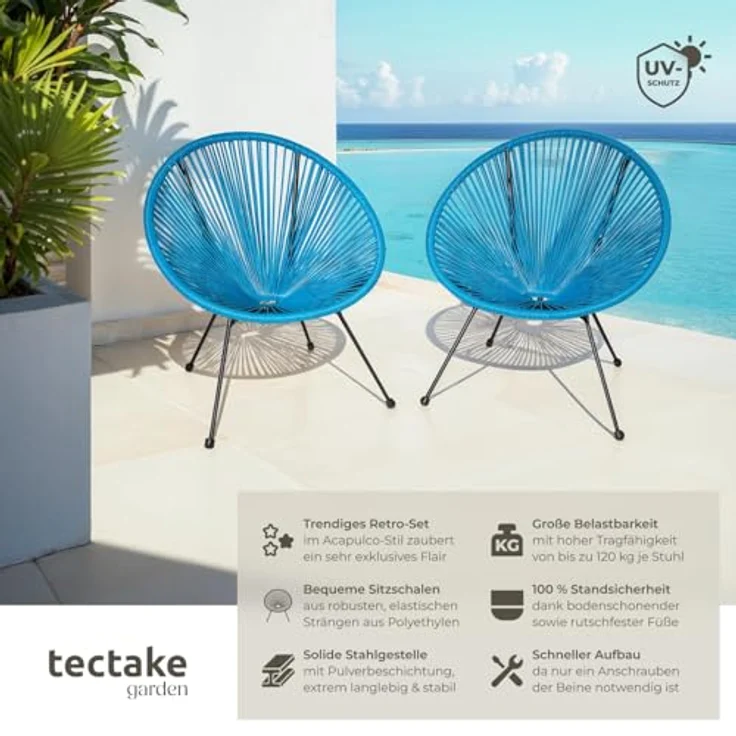 tectake 800988 2er Set Acapulco Garten Stuhl, Relaxsessel im Retro Design, Indoor und Outdoor, Lounge Sessel für Garten Balkon und Terrasse (Blau | Nr. 404409) – Bild 5