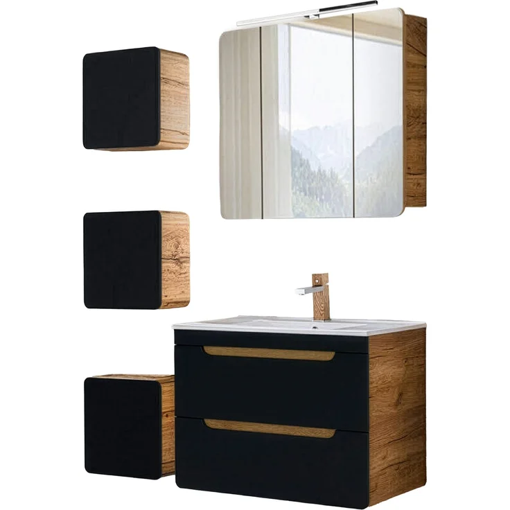 Badmöbel Set in seidenmatt anthrazit mit Wotan Eiche Nb. NEW-LUTON mit 81 cm Keramik-Waschtisch & LED-Spiegelschrank, B/H/T ca. 130/200/46 cm – Bild 2