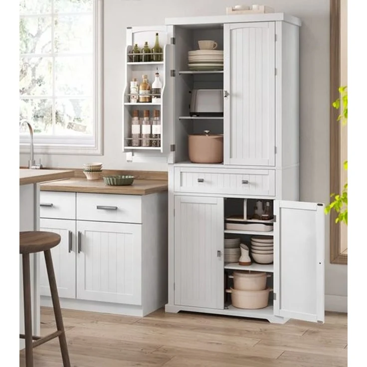 Vasagle Küchenschrank mit Schublade, 4 verstellbare Ablagen, 6 Türfächer, Holz weiß, 40 x 76 x 182,1 cm – Bild 1