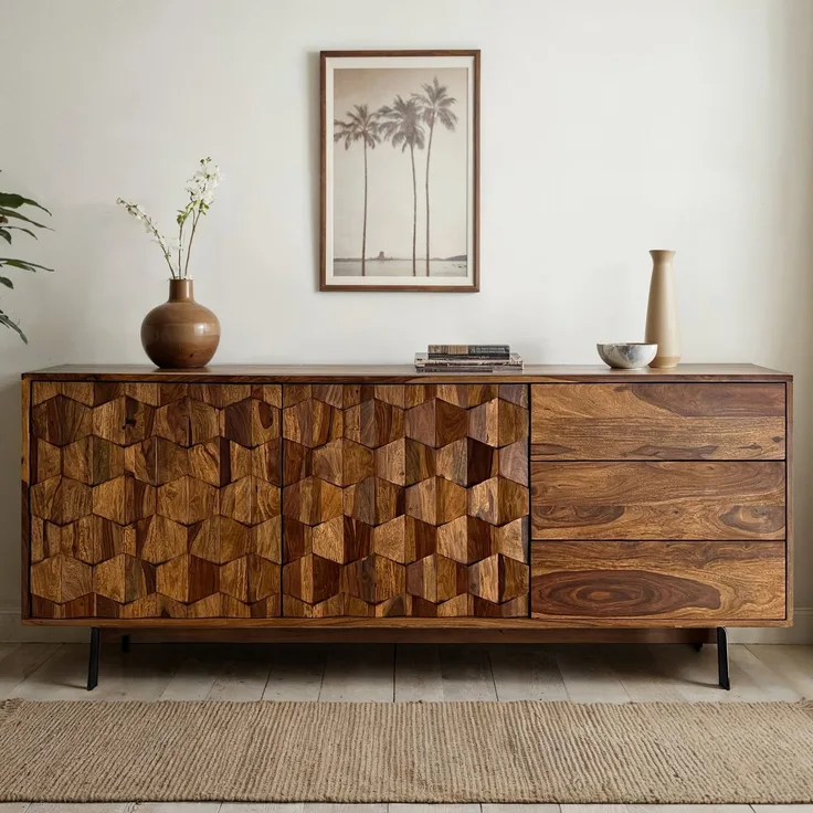 FineBuy Sideboard Sheesham Massivholz 175 cm 2 Türen & 3 Schubladen - Massive Retro Kommode mit Metall Beinen - Design Natur Anrichte - Handmade Industrial