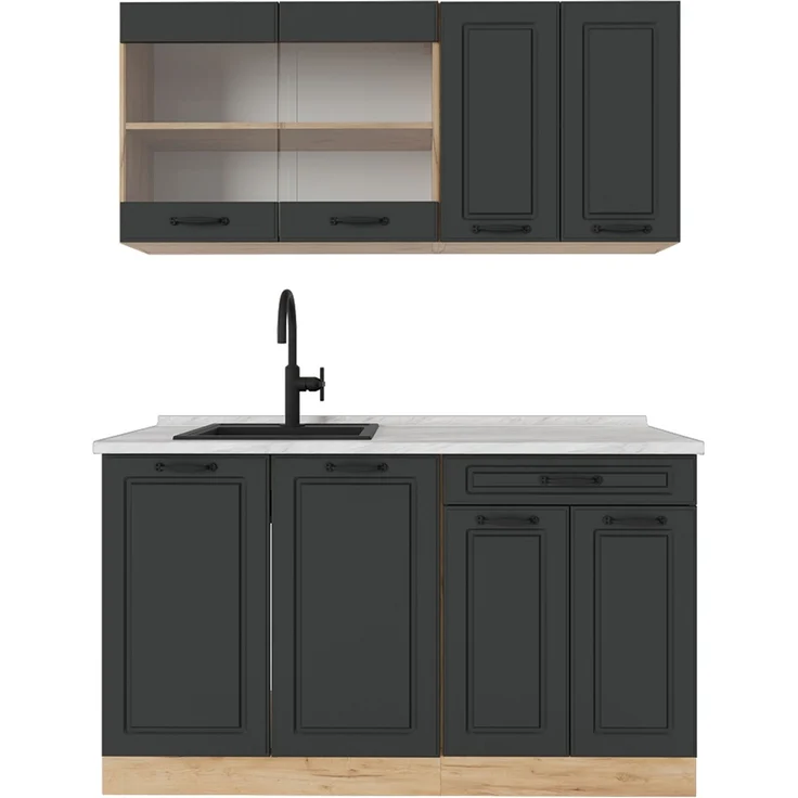 Singleküche R-Line Anthrazit Landhaus/Goldkraft Eiche 140 cm , AP Marmor Vicco – Bild 1