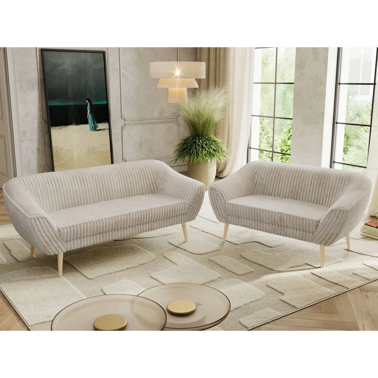 Skandinavisches Sofa Set PIRS 3-2, Komplettset, Wellenfederung, Buche Füße, Sitzgruppe, Polstermöbel Set - Beige Cord – Bild 3
