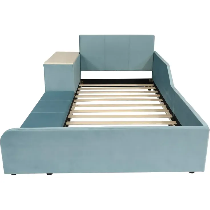 Polsterbett mit Tisch, Hocker, gepolstertem Kopfteil, Lattenrost und Regal, 90x200 cm, Kinderbett, Einzelbett, Samt – Bild 7