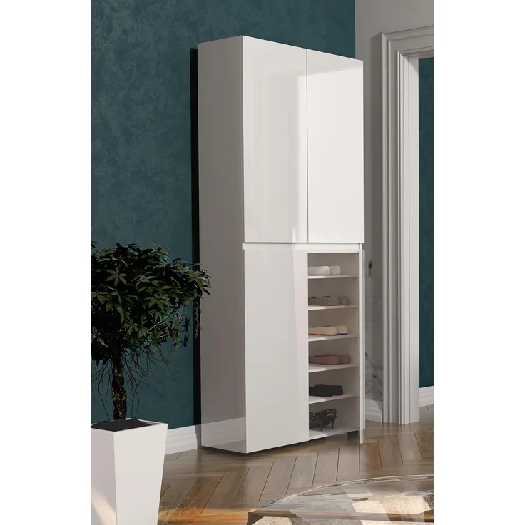 Schuhschrank >Glossy< in Weiß Hochglanz - 80x200x34cm (BxHxT)