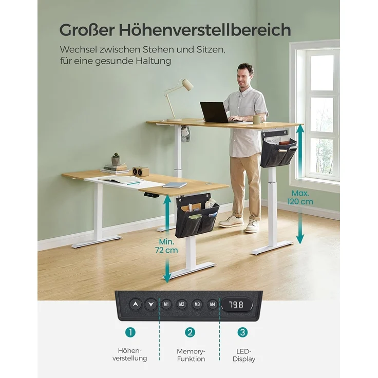 Songmics Höhenverstellbarer Schreibtisch elektrisch, 70x160 x (72-120) cm, stufenlos verstellbar, gespleißte Platte, Memory-Funktion mit 4 Höhen, pastellgelb-basisweiß LSD026N01 – Bild 5