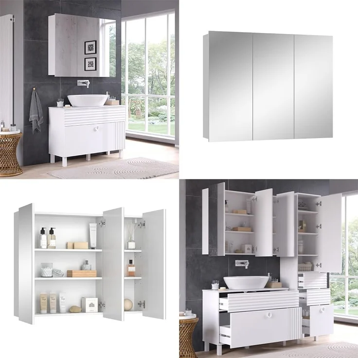Badspiegelschrank Sola Weiß 100 x 79.8 cm mit 3 Türen Vicco – Bild 8