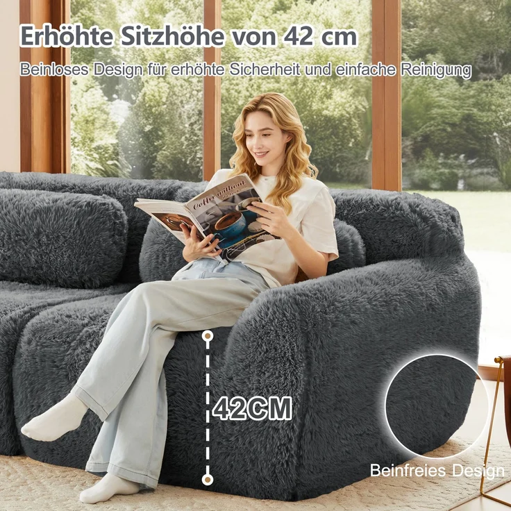 EINHOM U-förmiges modulares Sofa, Plüschstoff, keine Montage, rutschfester Boden, mit Kissen. Ergonomische Unterstützung, hochelastischer Schaumstoff, geeignet für Wohnzimmer, Schlafzimmer, Grau – Bild 7