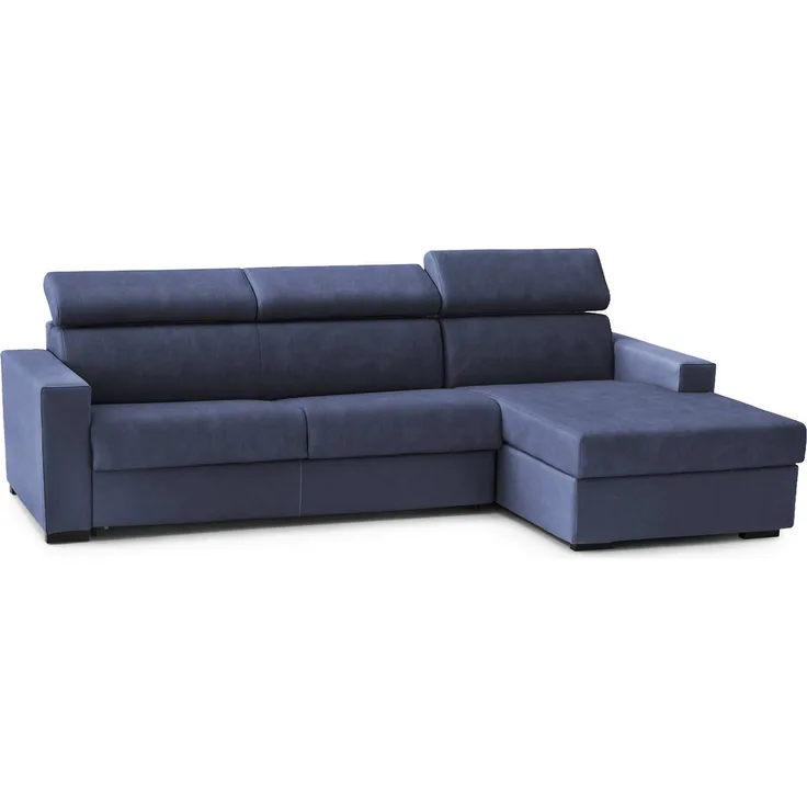 Dmora Sofa mit Halbinsel Angera, Ecksofa mit rechter Chaiselongue aus Stoff, schmale Armlehnen, 100 % Made in Italy, 260 x 95 x 85 cm, Blau