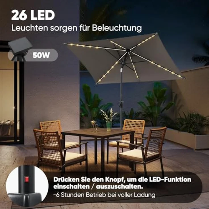 Sekey Sonnenschirm mit LED-Beleuchtung, Kurbel & UV50+, knickbar, Aluminium cappuccino, 200 x 300 cm – Bild 5
