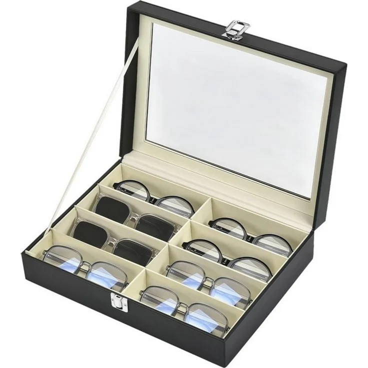 BlingBin Aufbewahrungsbox Schmuckkasten Brillenbox zur Aufbewahrung von 8 Brillen (1er Set, 1 St, 8 Fächer), 34 x 25 x 9 cm Sonnenbrillen Präsentation Brillendisplay – Bild 4