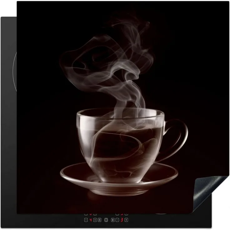 MuchoWow Herd-Abdeckplatte Tasse - Tee - Schwarz - Weiß, Vinyl, (1 tlg), Cerankochfeld Abdeckung, Herd Abdeckplatten Vinyl, 58x59 cm