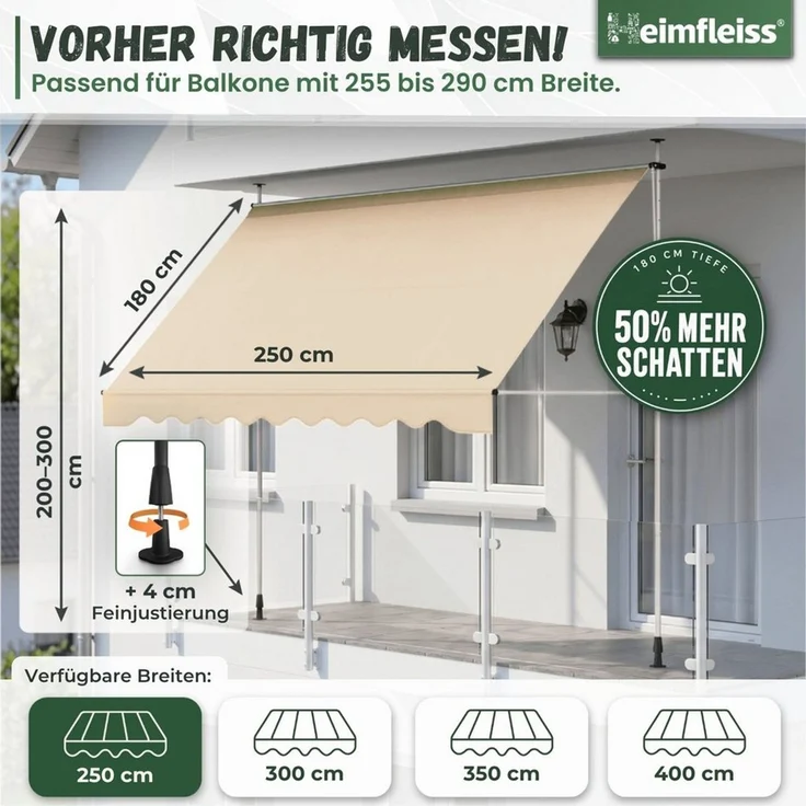 Heimfleiss® Klemmmarkise Klemmmarkise Balkon ohne Bohren Sonnenschutz UPF 50+ Klemmmarkise 250 cm breit, beige, höhenverstellbar – Bild 2