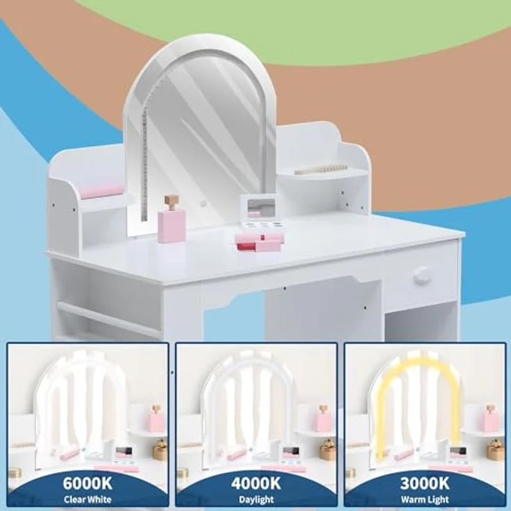 GarveeLife Schminktisch für Kinder mit Hocker und LED-Spiegel, Kleiner Schminktisch mit Schublade und 1 offenen Fächern, für Mädchen von 3-6 Jahren, weiß, inklusive Zubehör – Bild 6