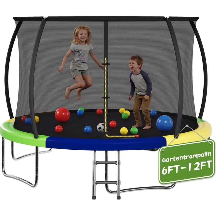 Devoko Gartentrampolin mit Sicherheitsnetz, Leiter, Randabdeckung, Stahlrahmen, Grün, Ø 360 cm – Bild 4