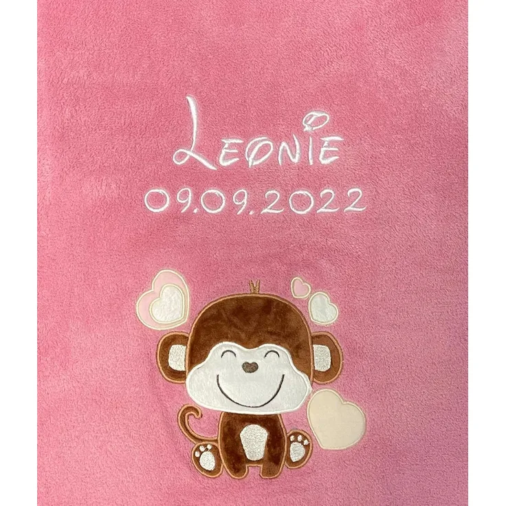 KIDDI-MEDIA Babydecke mit Name und Geburtsdatum Bestickt/kuschelig weich / 1A Qualität (Altrosa - AFFE)